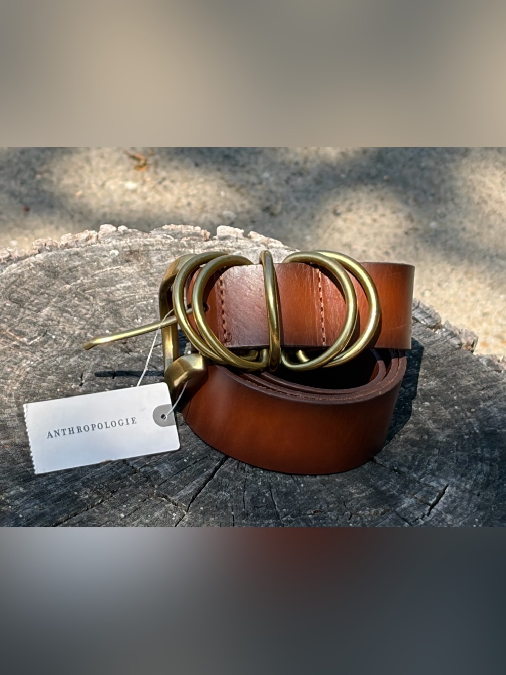 Anthropologie Cognac Brown Leather Belt with Brass Multi Ring Buckle SZ S